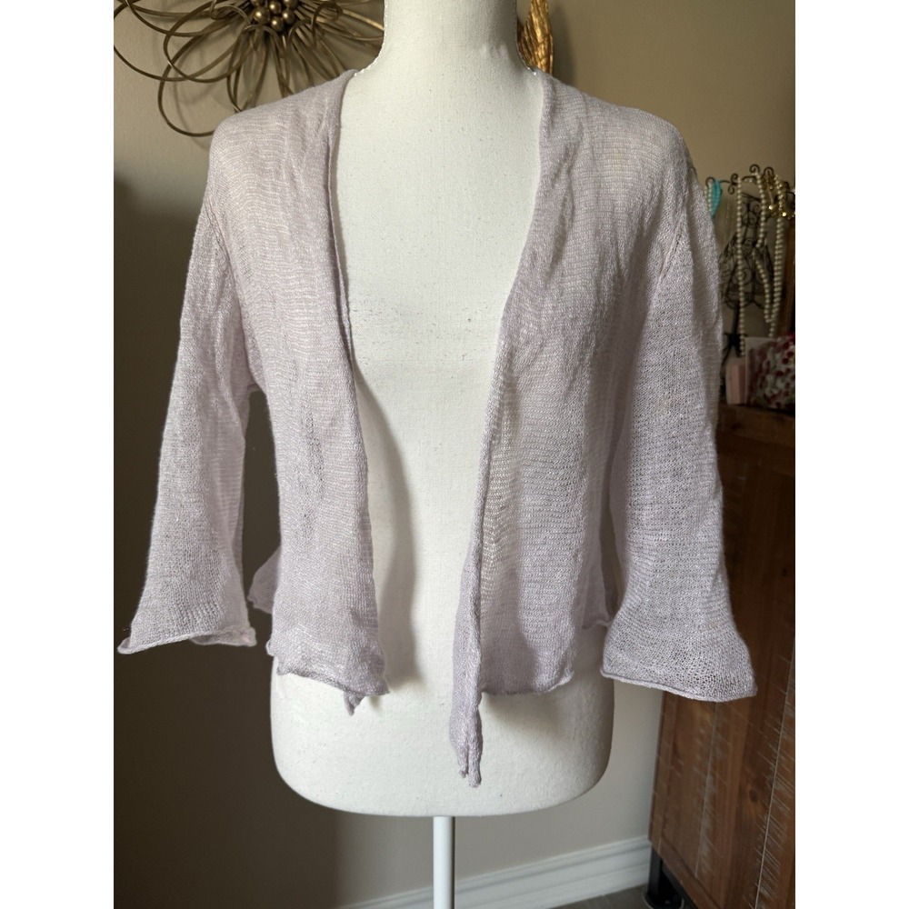 Eileen Fisher Petite PM Linen Metallic Open Cardigan Blush Pink Cropped Shrug
